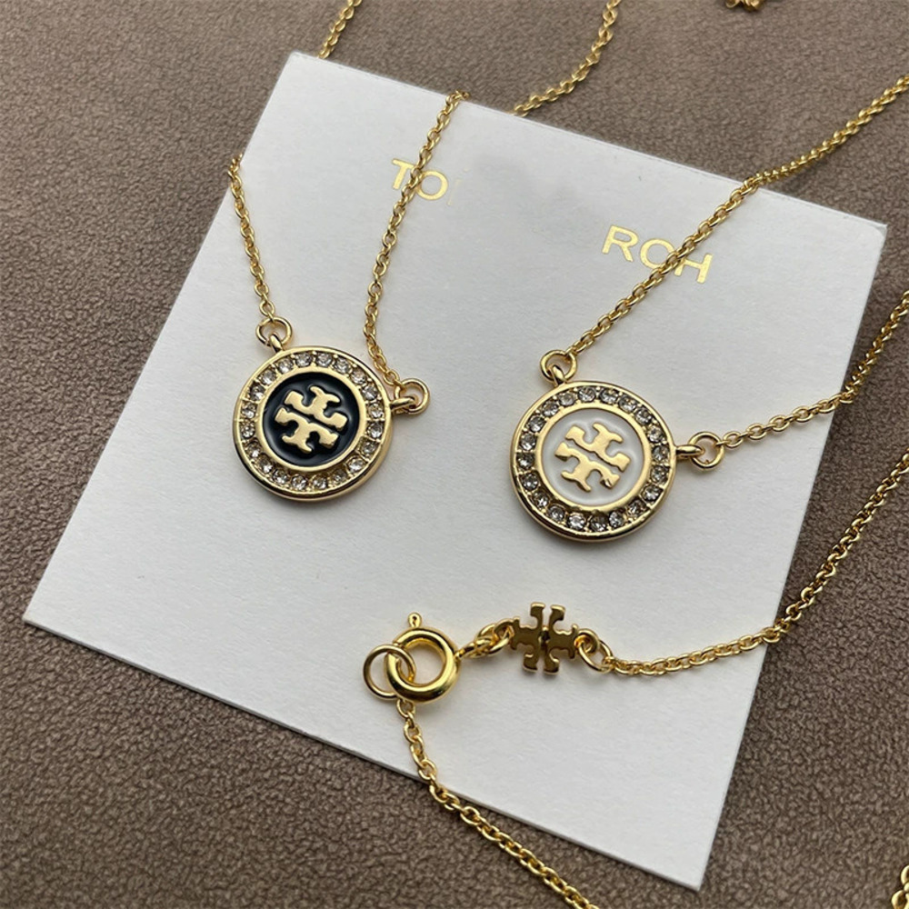 Tory Burch Gold Plated Double Enamel Pave Letter Pendant Necklace
